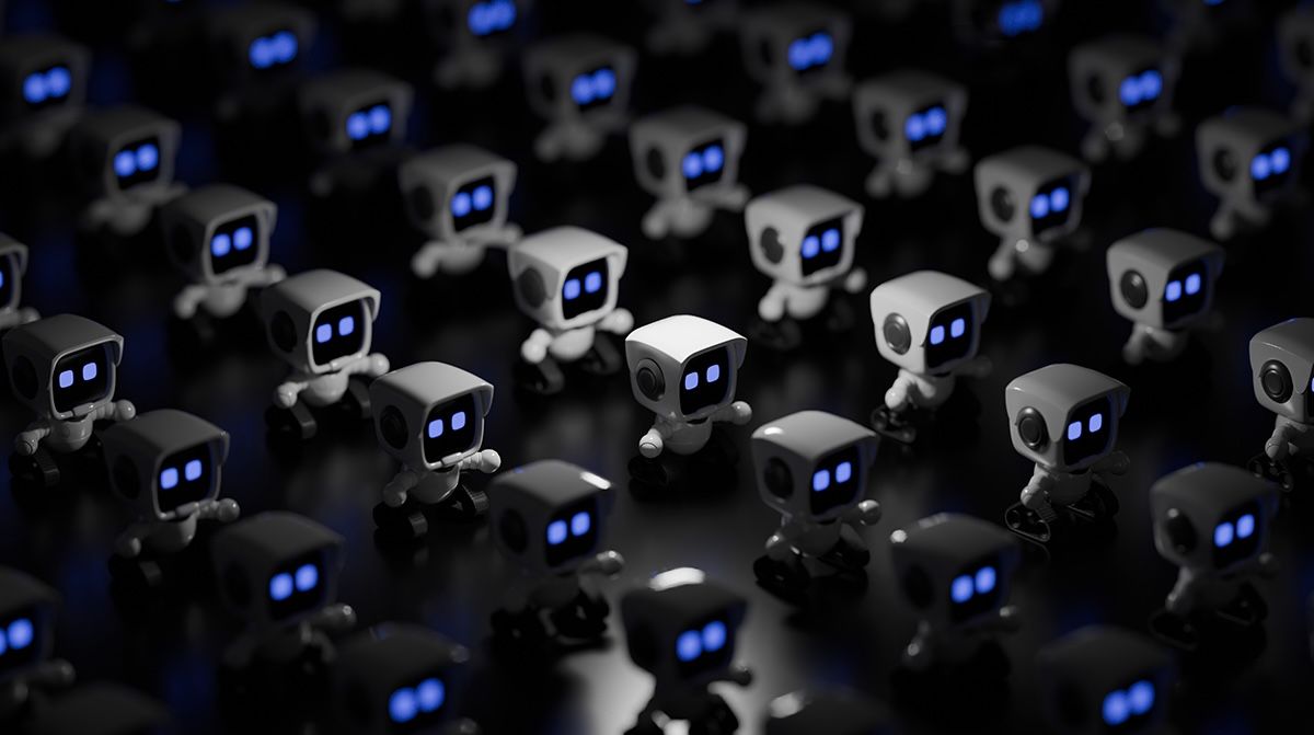 Des rangs de petits robots adorables dans l’obscurité.