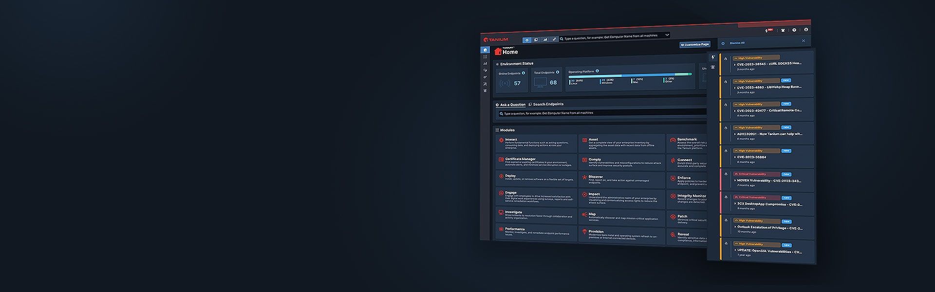 Maquette de tableau de bord de héros Tanium Guardian avec visualisation des alertes de sécurité