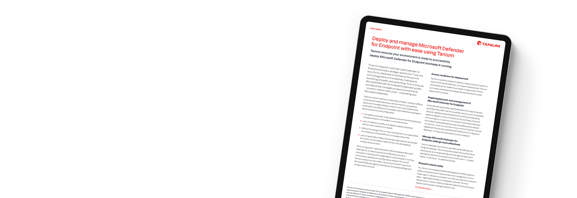 Tablette affichant le datasheet « Tanium + Microsoft Defender for Endpoint »