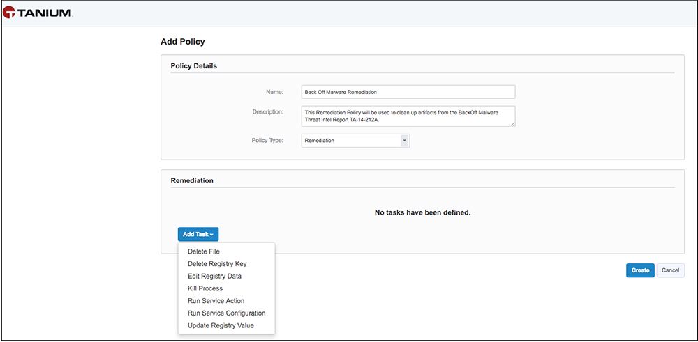 Interface de création de politique Tanium Protect pour la remédiation aux logiciels malveillants montrant les options de tâche de remédiation disponibles