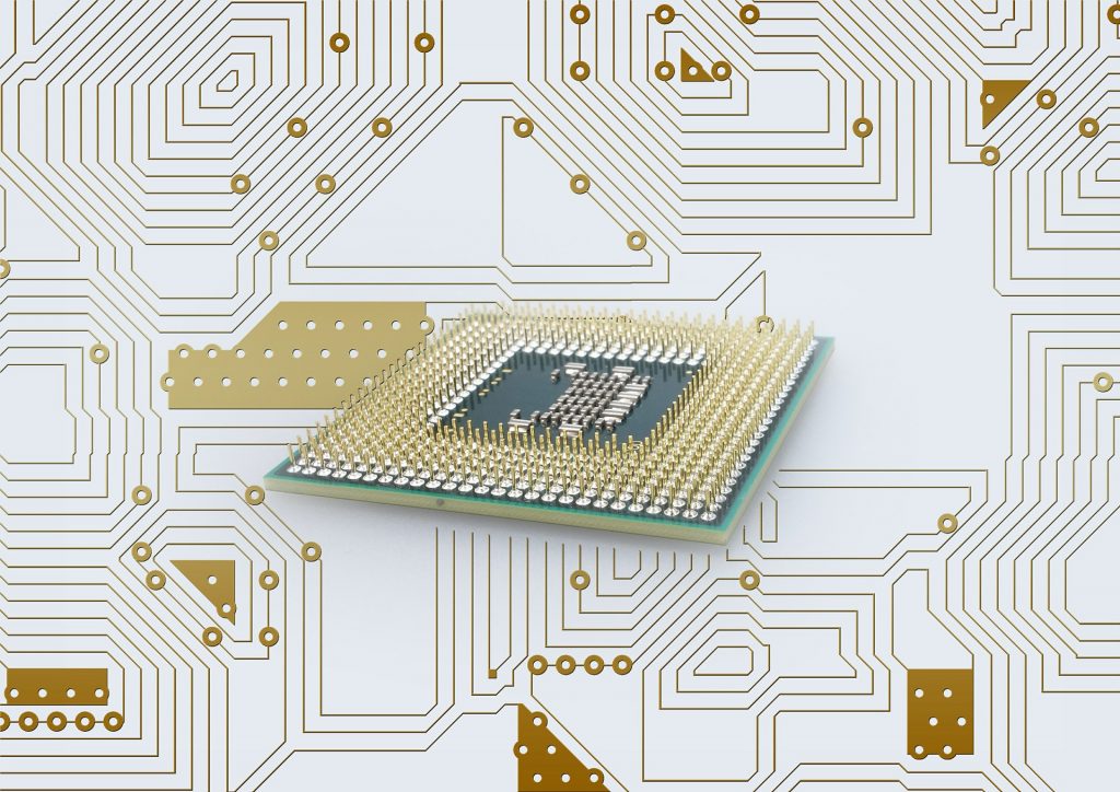 Illustration 3D d’un microprocesseur monté sur une carte de circuit imprimé avec des broches connectées