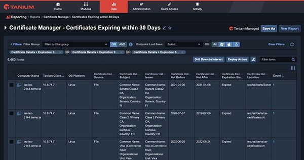Capture d’écran montrant tous les certificats arrivant à expiration dans les 30 prochains jours.