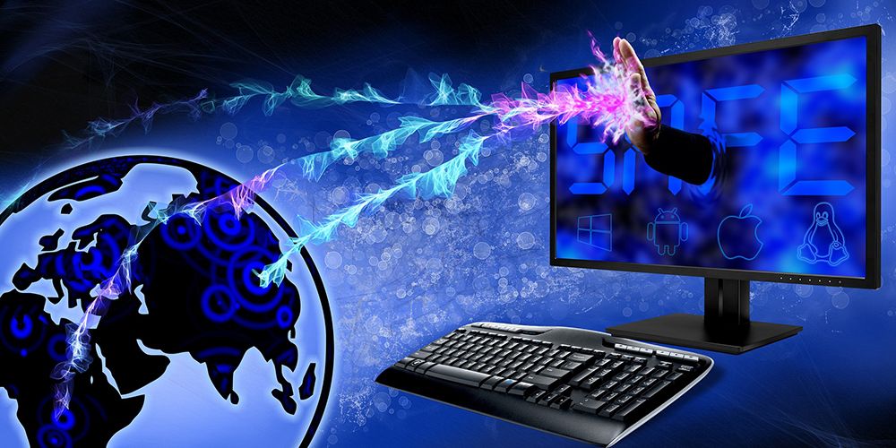 Illustration bleue des opérations informatiques mondiales avec globe et clavier