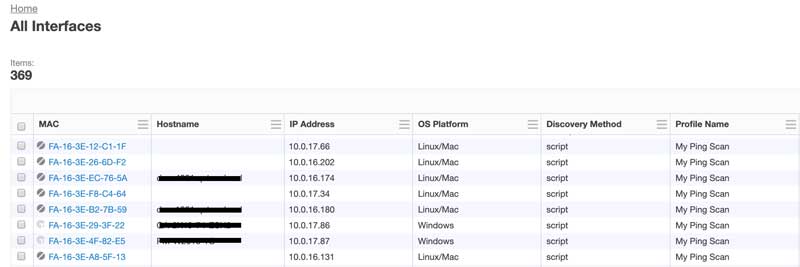 Capture d’écran de la page Tanium All Interfaces répertoriant 369 interfaces réseau avec l’adresse MAC, le nom d’hôte, l’adresse IP et les informations de la plateforme du système d’exploitation