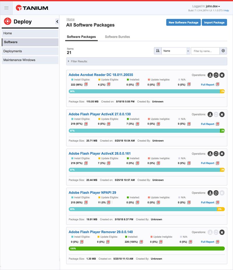 Capture d’écran de la page de liste des logiciels Tanium Deploy montrant 21 packages installés, y compris Adobe et Flash Player