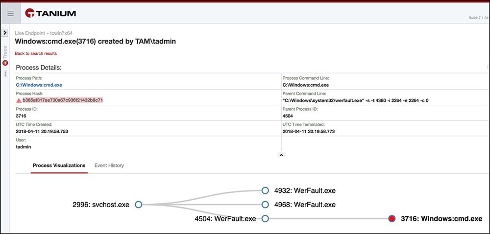 Réponse Tanium Ask montrant les détails d’exécution de commande Windows