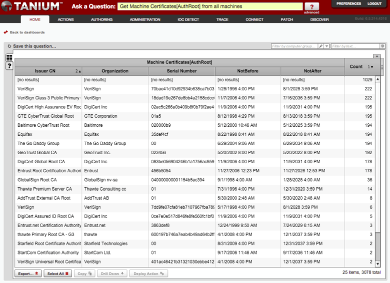 Capture d’écran de l’interface Tanium affichant le tableau d’inventaire des certificats de machine avec les informations sur l’émetteur et l’expiration