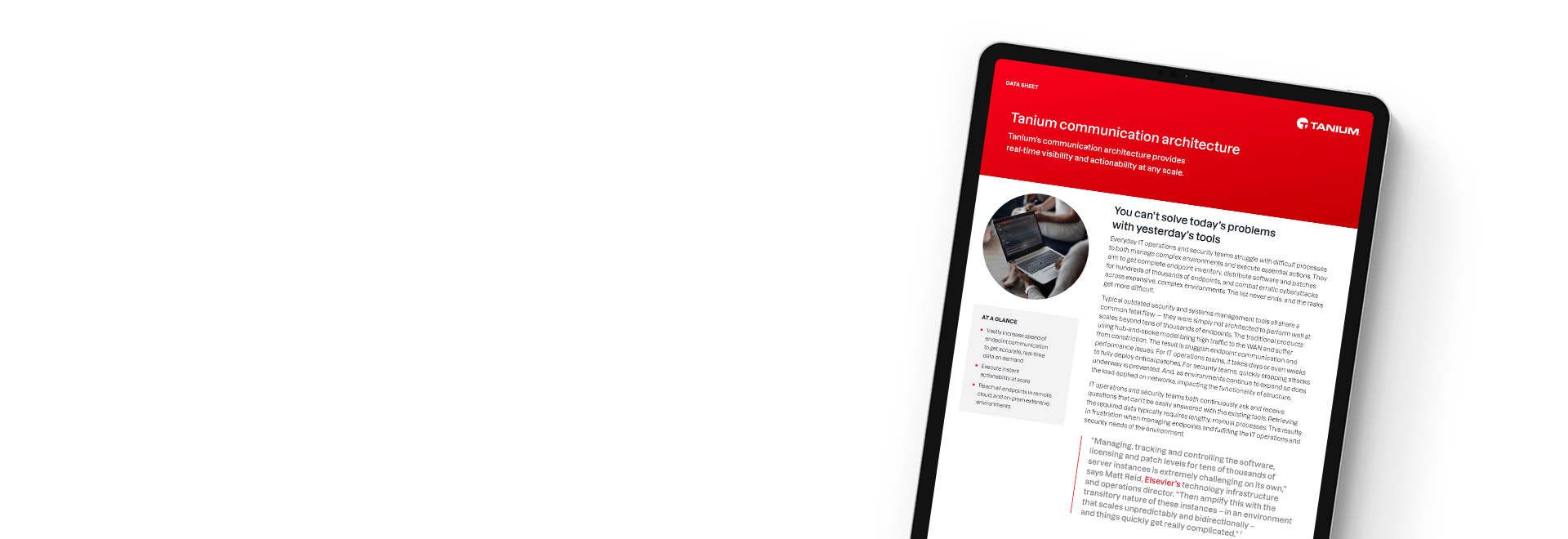 Tablette affichant la fiche technique de l’architecture de communication Tanium avec vue d’ensemble du système