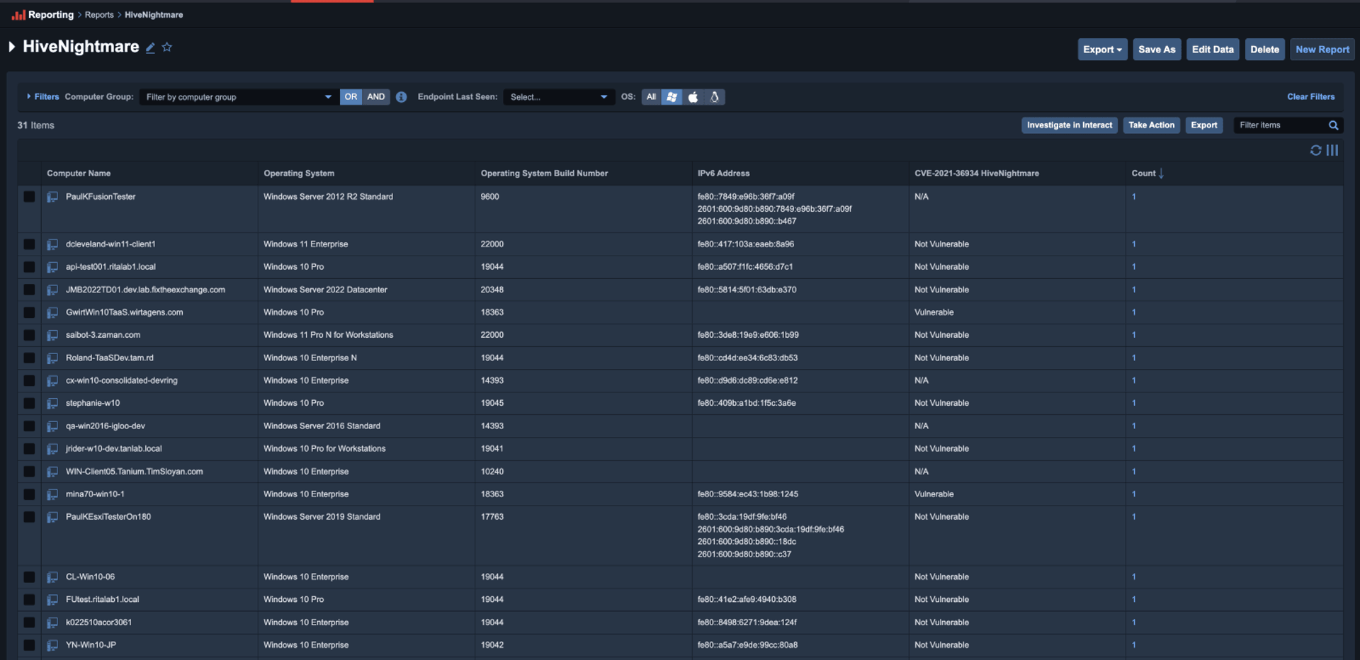 Capture d’écran de Tanium Reporting montrant les tendances de vulnérabilité