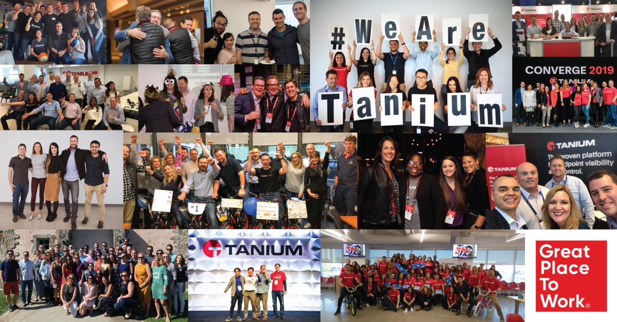 Collage des employés de Tanium et de la marque de l’entreprise, y compris le logo de l’événement CONVERGE 2019 et le prix Great Place to Work