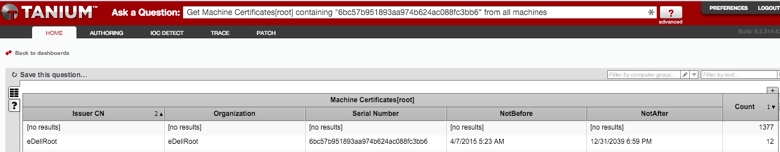 Capture d’écran de l’interface Tanium montrant l’inventaire et le statut des certificats de machine