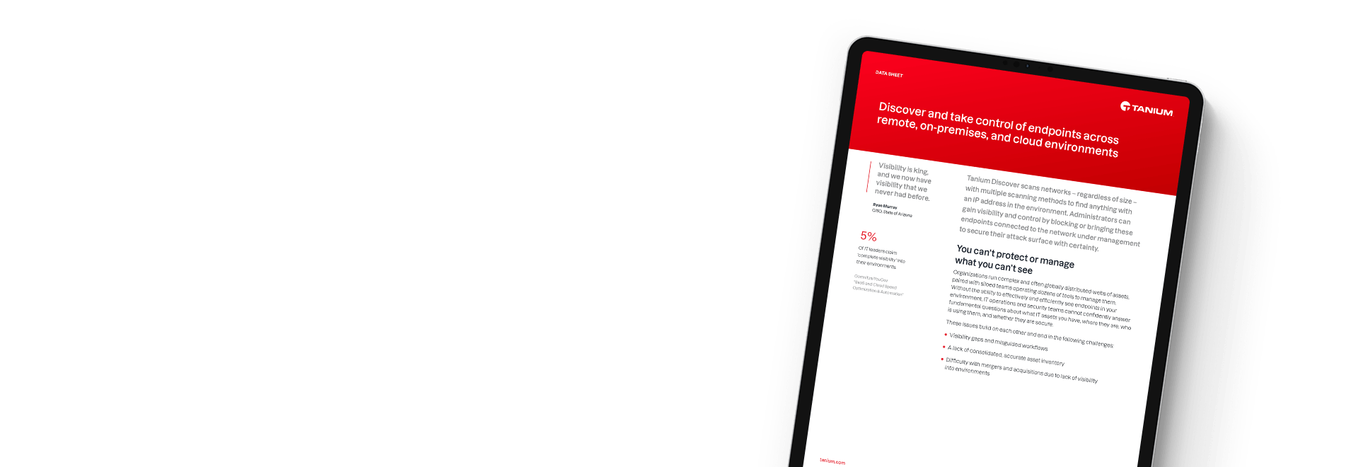 Tablette affichant la fiche technique Tanium Discover avec les fonctionnalités de découverte des endpoints