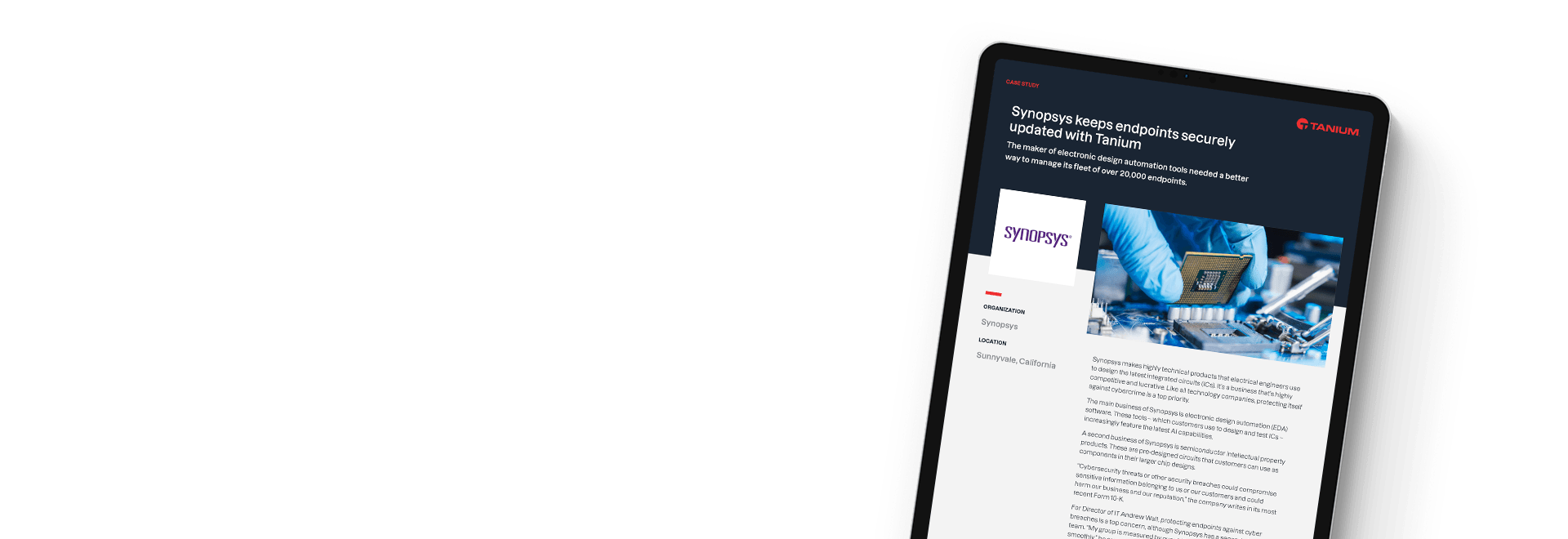 Document d’étude de cas Synopsys pour sécuriser les endpoints avec Tanium affiché sur la tablette