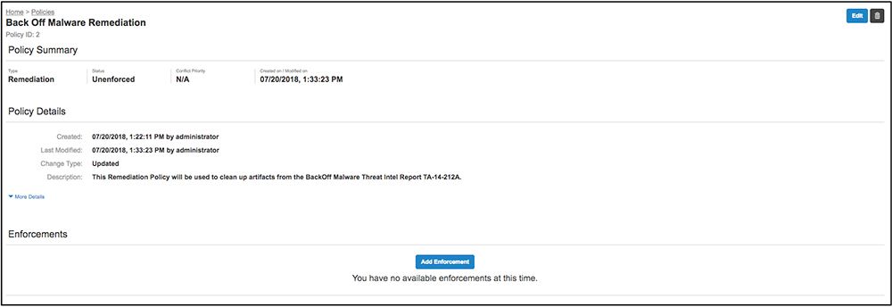 Page récapitulative de la politique Tanium Protect pour la politique de remédiation aux logiciels malveillants montrant le statut et les détails du déploiement