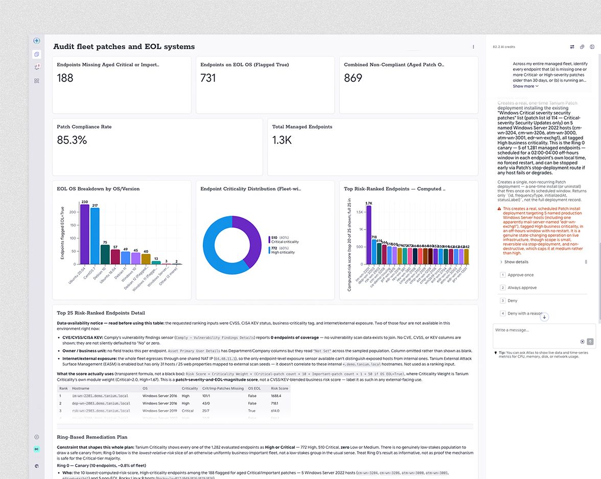 Tableau de bord Tanium Endpoint Management montrant les types d’endpoints par système d’exploitation, état des correctifs et statut de chiffrement