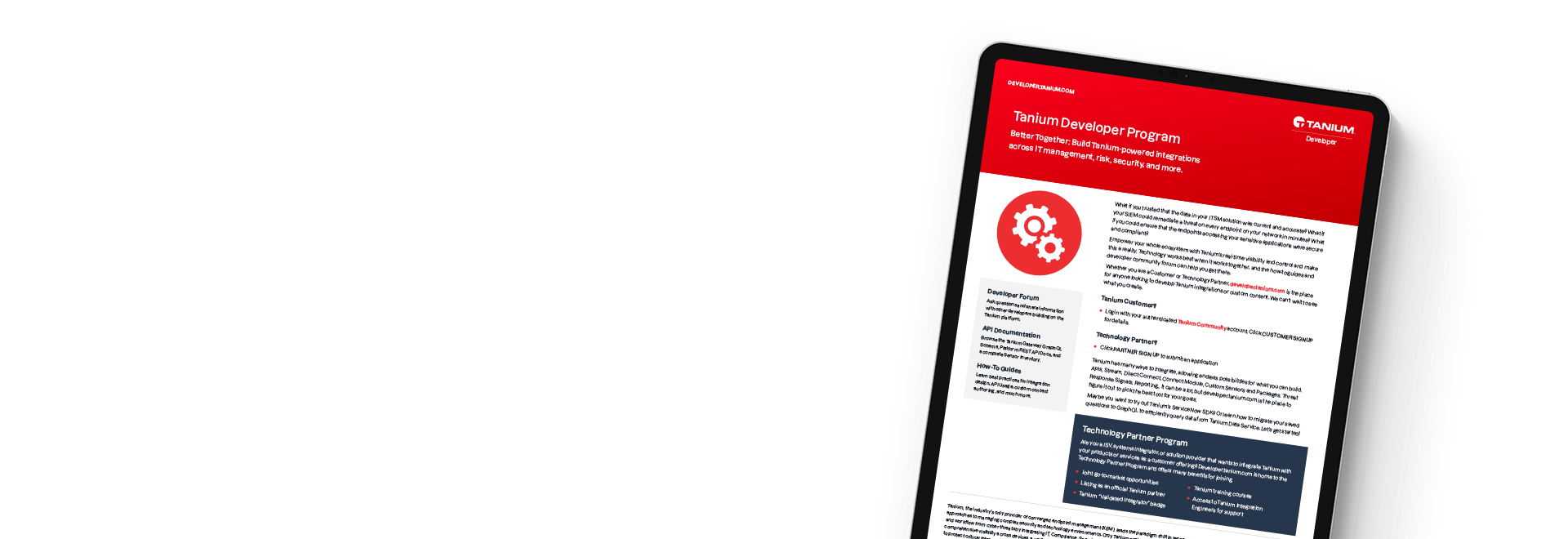 Fiche technique du programme Tanium Developer mettant en évidence les fonctionnalités d’intégration des développeurs