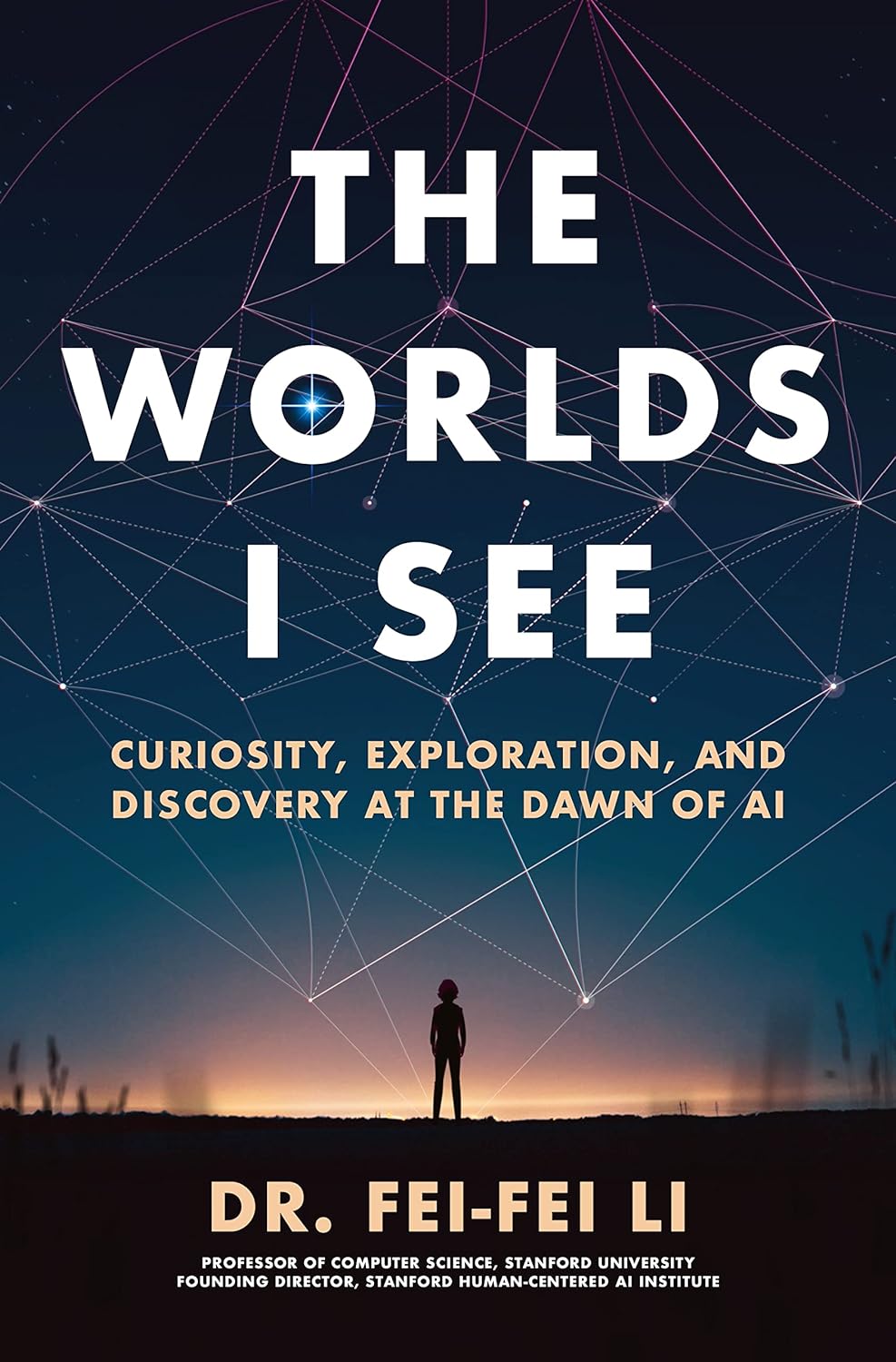 La couverture de livre de The Worlds I See, qui représente la silhouette d’une femme se tenant loin au loin sur une plaine plate à l’aube.