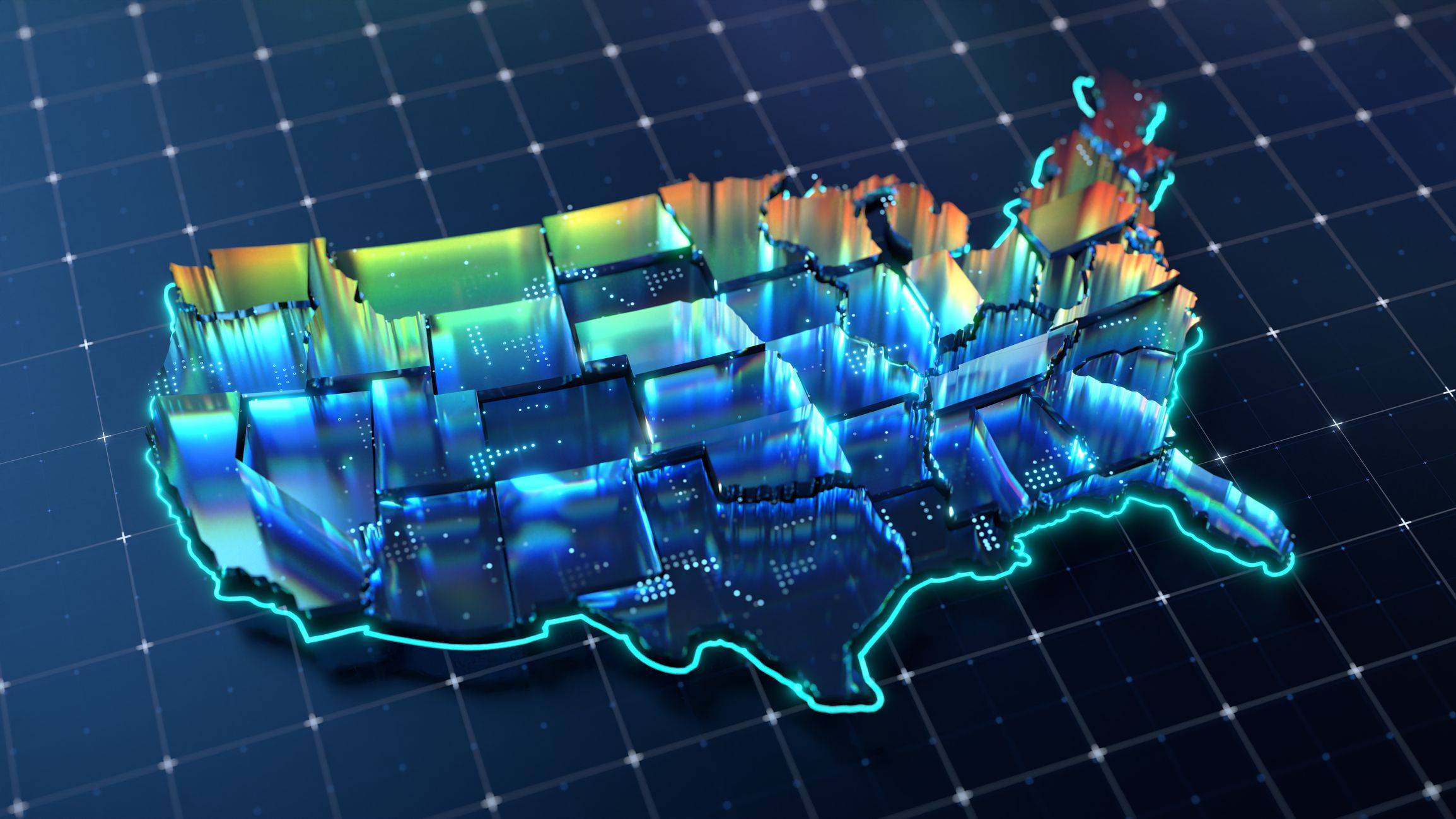 Une carte 3D néon lumineuse des États-Unis, où chaque État semble composé de fragments de verre.