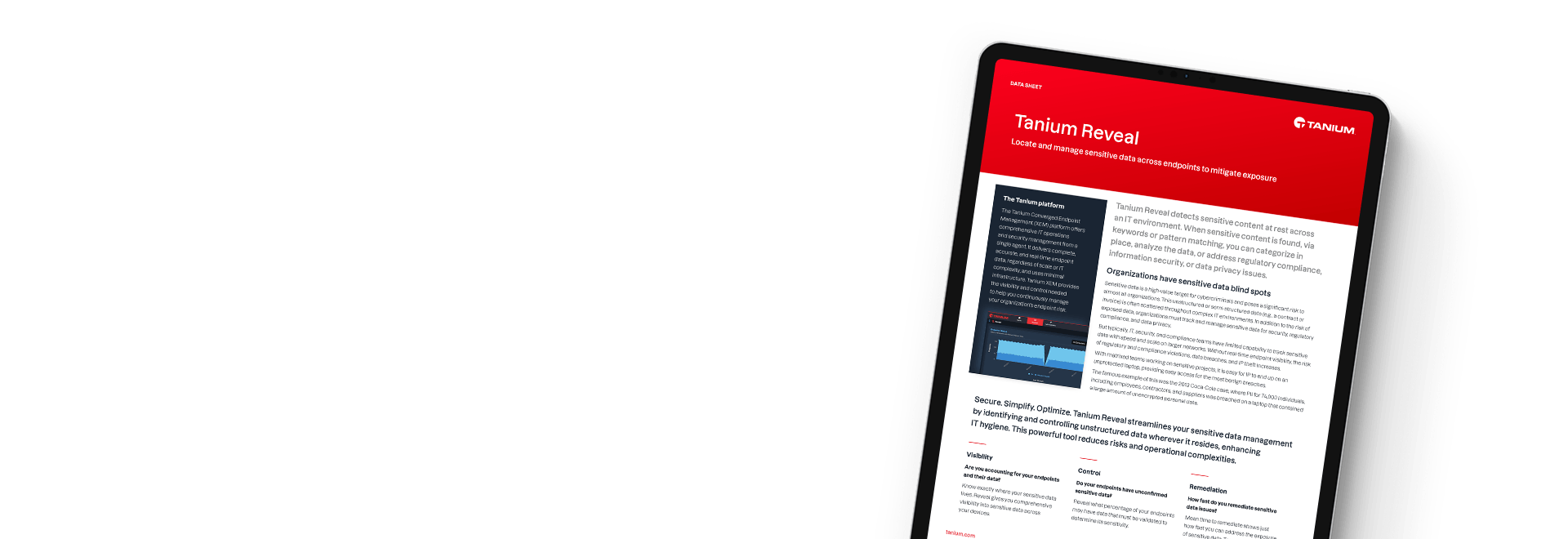 Tablette montrant la fiche technique Tanium Reveal avec des solutions de visibilité des endpoints