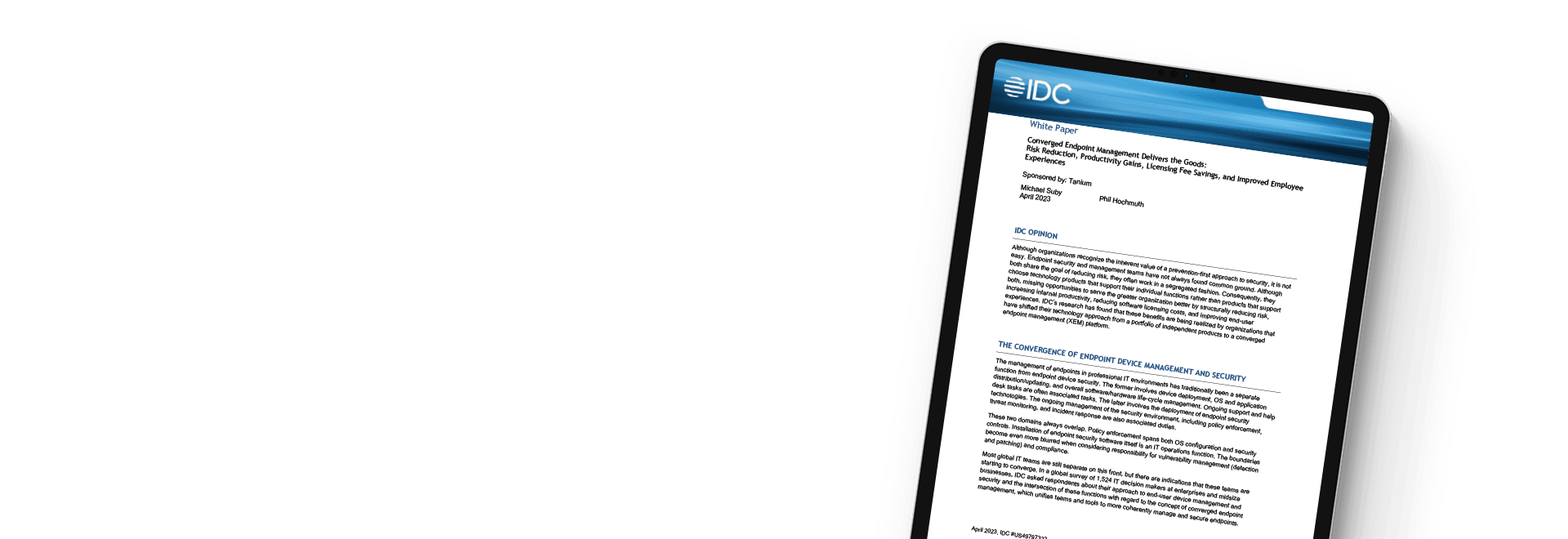 Tablette affichant le livre blanc IDC « Converged Endpoint Management Delivers the Goods »