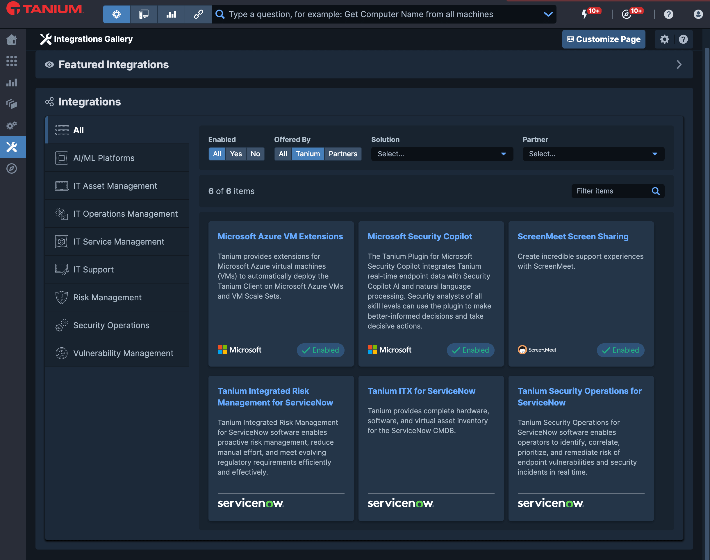 Capture d’écran de Tanium Integrations Gallery