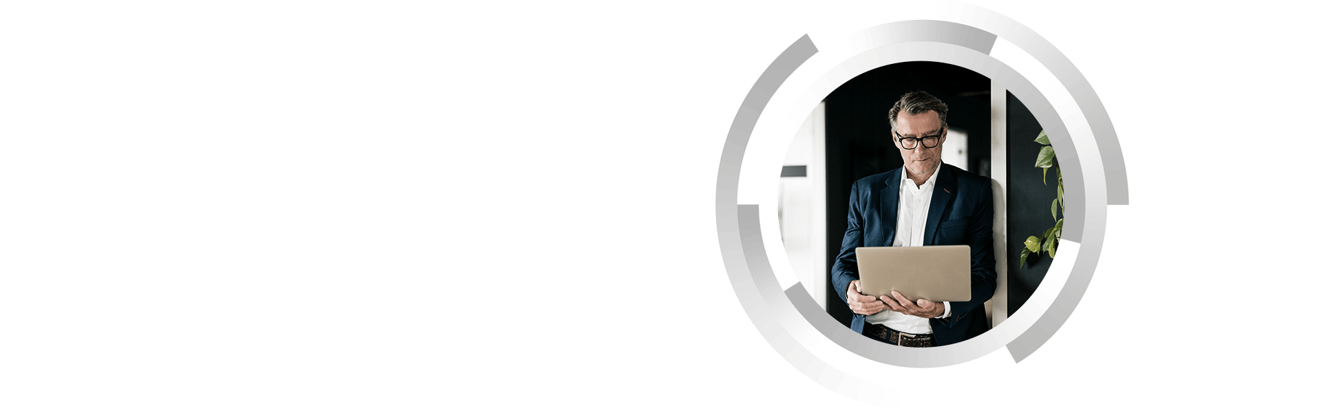 Homme professionnel en blazer bleu avec ordinateur portable en portrait circulaire au design géométrique
