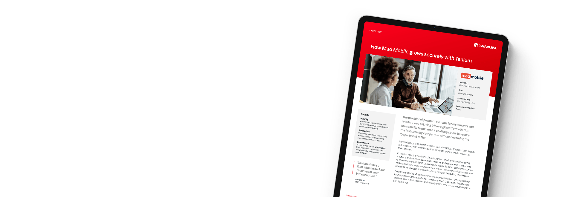 Tablette montrant l’étude de cas « Comment Mad Mobile se développe en toute sécurité avec Tanium »