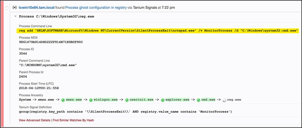 Signaux Tanium montrant la détection du mécanisme de persistance Powershell