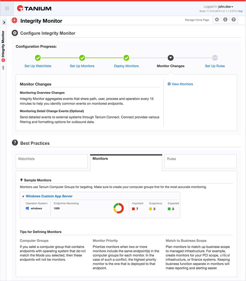 Capture d’écran de la page de progression de la configuration de Tanium Integrity Monitor montrant les étapes de configuration pour les listes de surveillance et les moniteurs