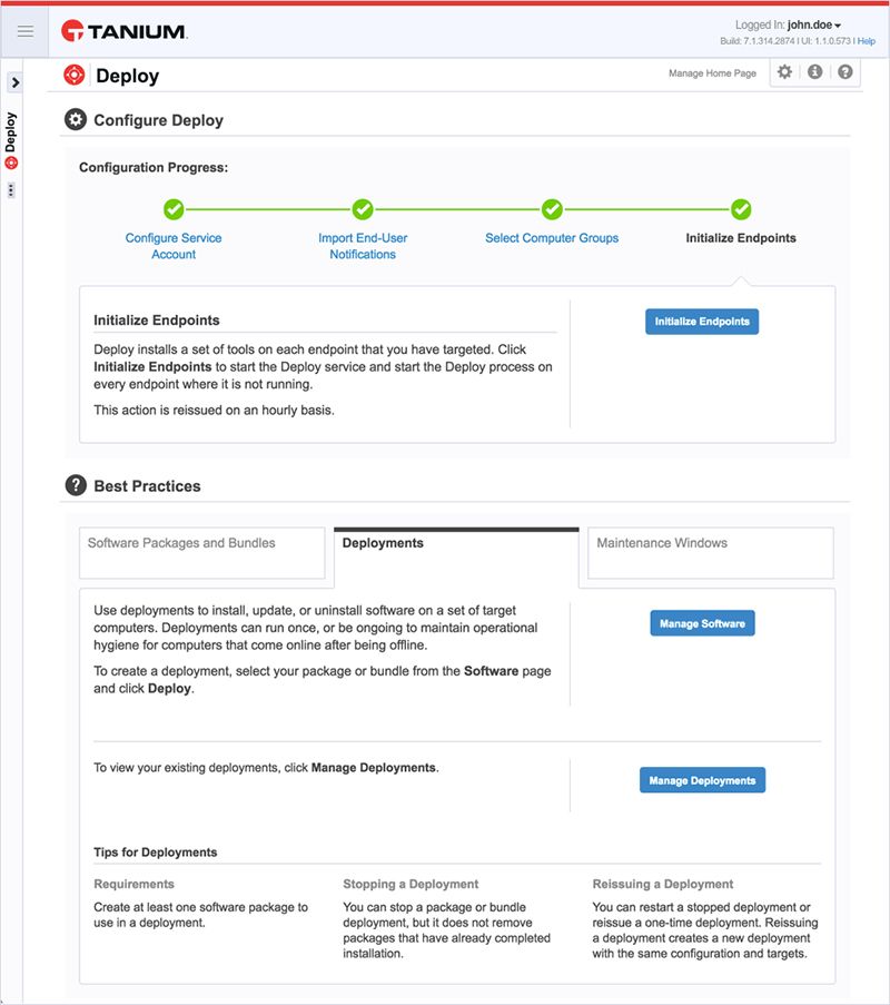 Capture d’écran de la progression de la configuration de Tanium Deploy montrant l’étape d’initialisation des endpoints avec les meilleures pratiques pour la gestion des logiciels