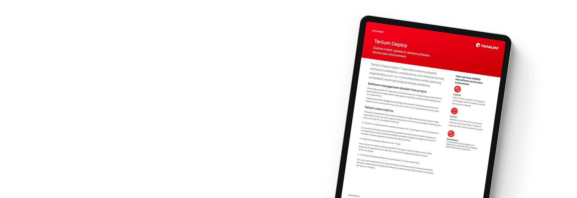 Tablette montrant la fiche technique de Tanium Deploy couvrant les solutions de déploiement de logiciels