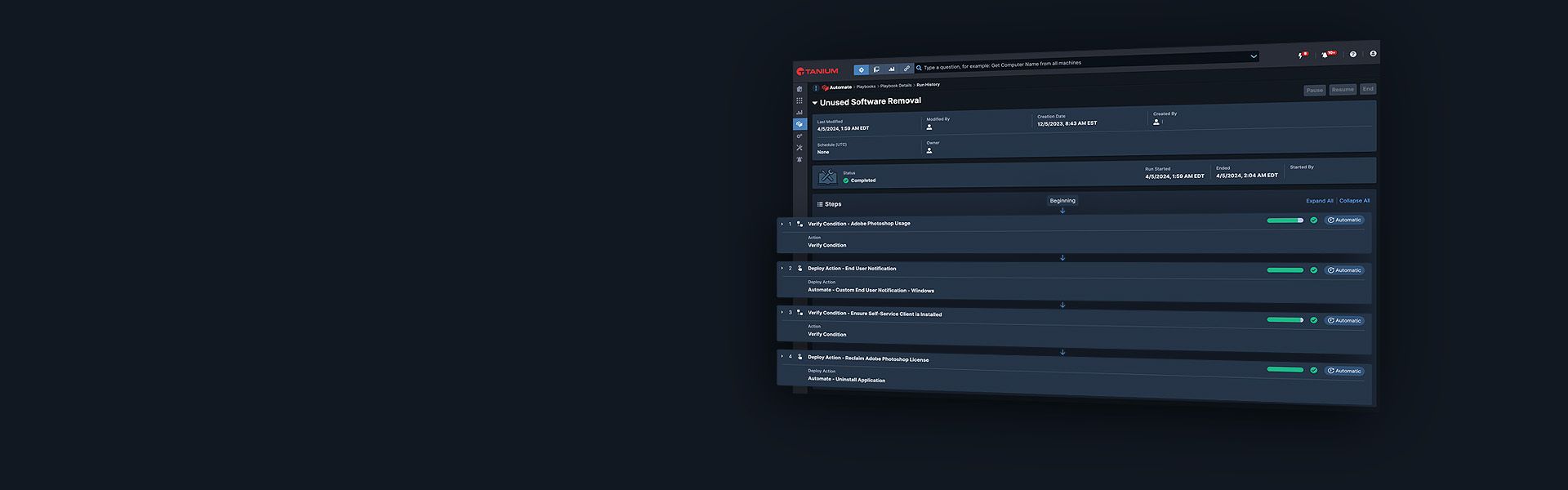 Maquette de tableau de bord Tanium Automate avec visualisation d’exécution du playbook
